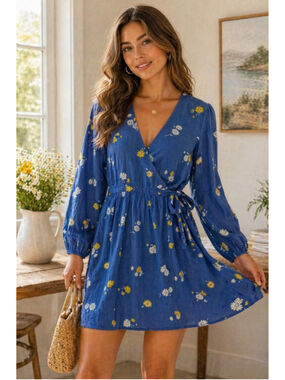 Old Navy Floral Wrap Dress Blue Daisy Print Long Sleeve Mini Small